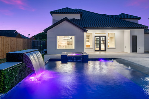 House with pool. Night design with leds and waterfall.